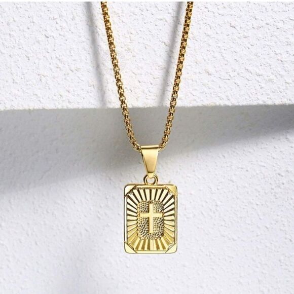 NEW Gold Block Cross Pendant Necklace Unisex 18” Religious Gold Chain Necklace - Picture 8 of 9